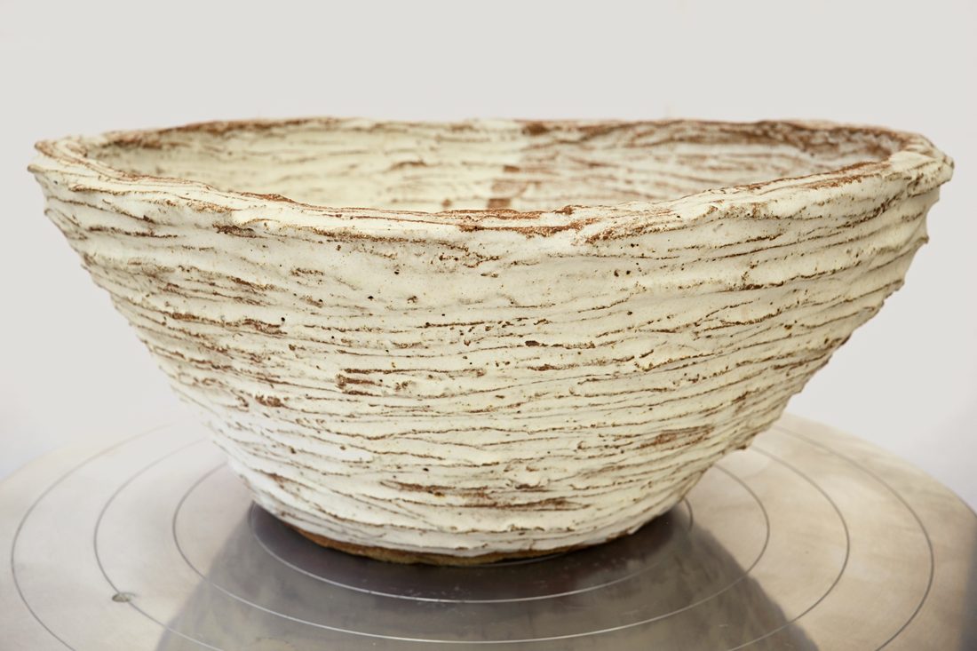 White Pot — wide coiled bowl in pale clay, the coils left visible on the inner wall.