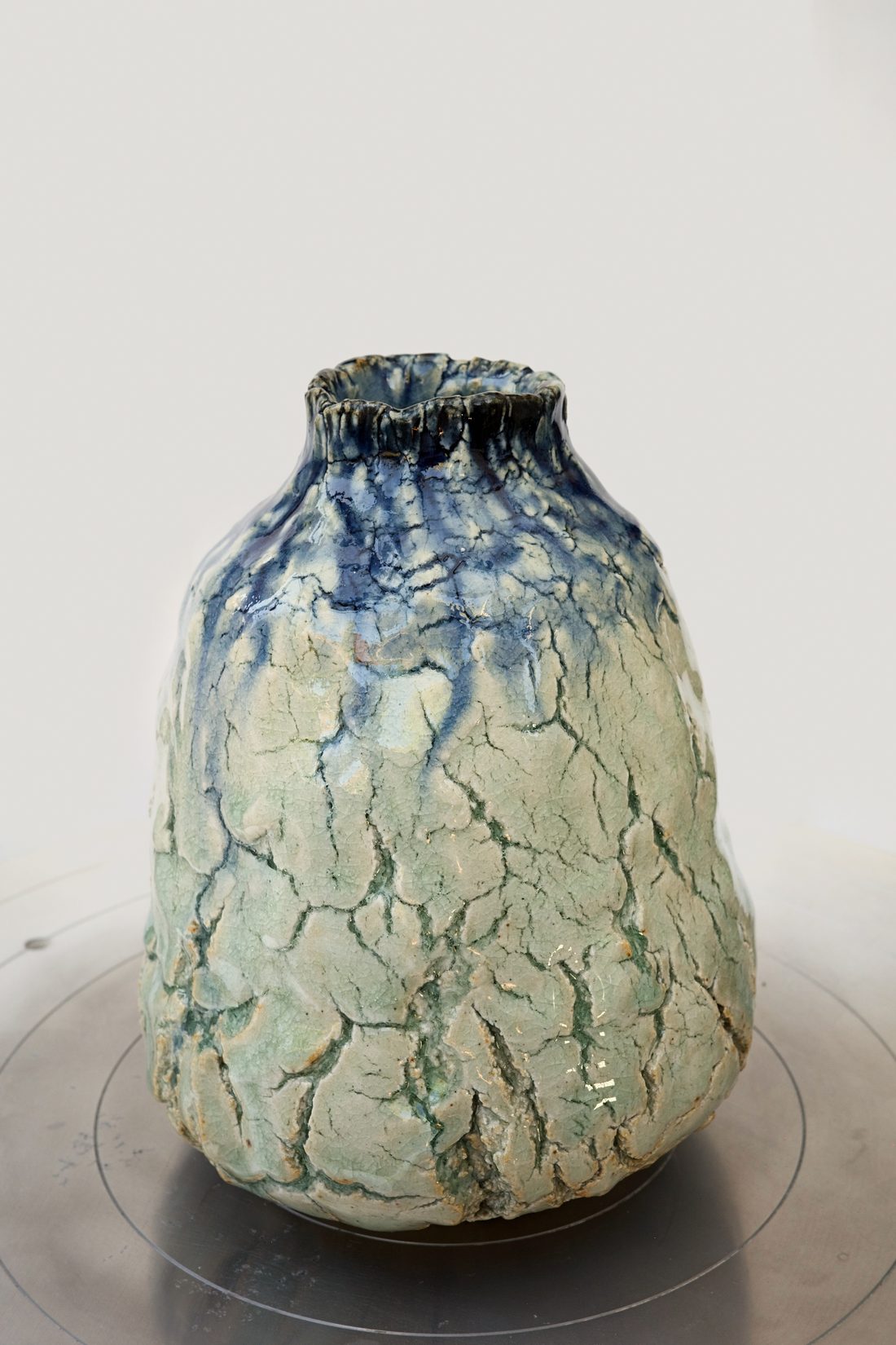 Blue Vessel — wheel-thrown form with cobalt glaze running over a crackled body.