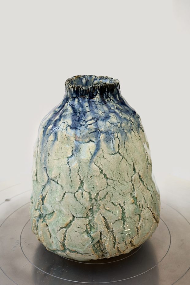 Blue Vessel — wheel-thrown form with cobalt glaze running over a crackled body.